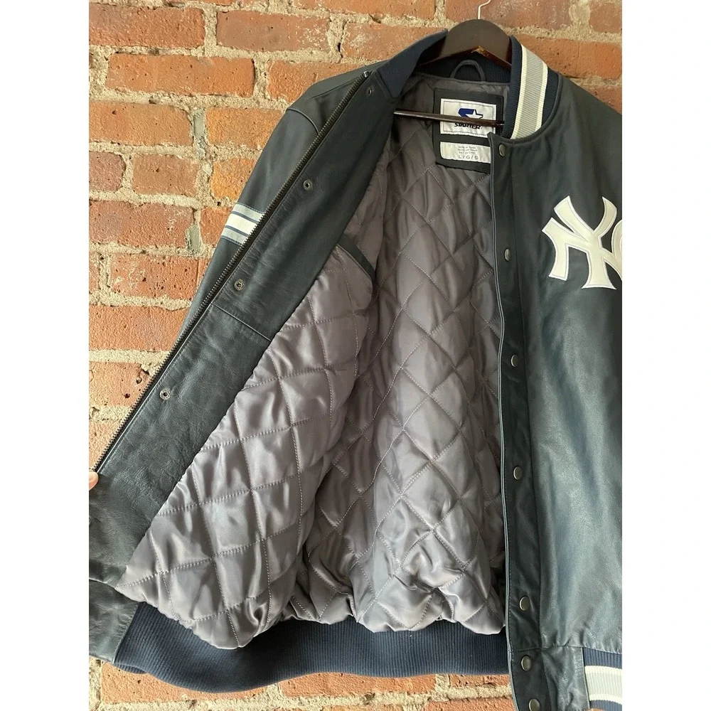 Vintage STARTER‎ New York Yankees Logo Genuine Leather Bomber Jacket Mens Large